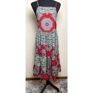 BOG Women's Tiered Corset Tie Midi Red Dress M Cottage Forest Fairy Whimsical